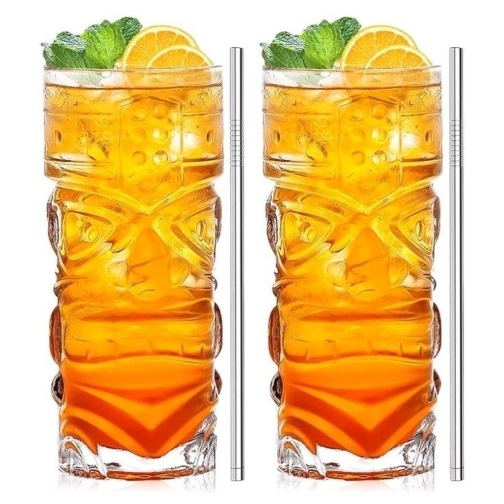 Tropical Tiki Bar Clear Glass Highball Tumblers Set of 2 14 Oz w/ Metal Straw